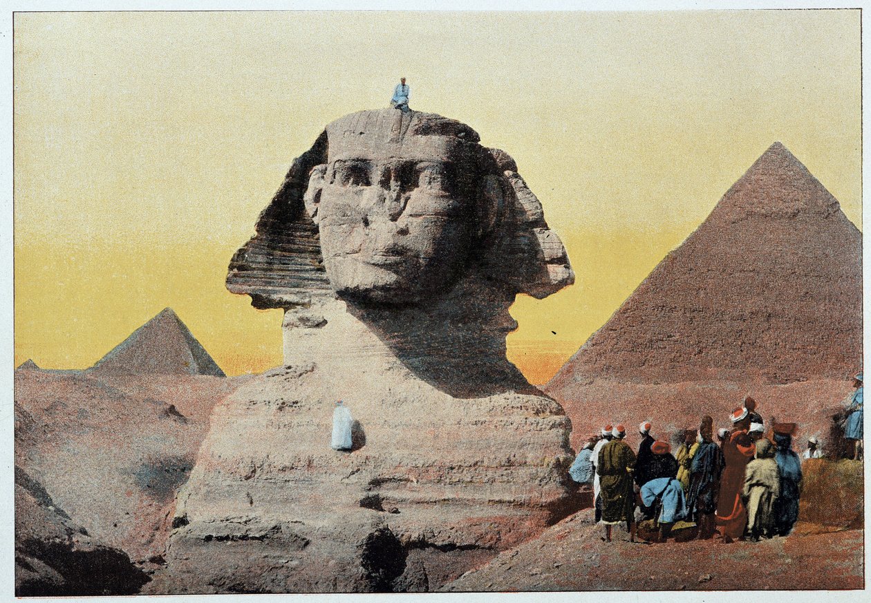 古代エジプト：ギザ（ギゼ、ギゼ、ギザ、ギザ）のスフィンクスとピラミッド。19世紀後半。 作： 無名の画家