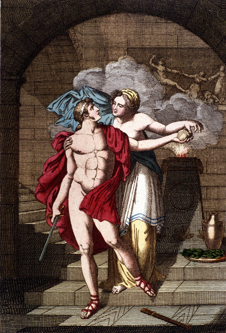 アリアンヌはテセウスに糸を渡し、彼が迷路から抜け出せるようにする - in Dizionario mitologico 作： 無名の画家