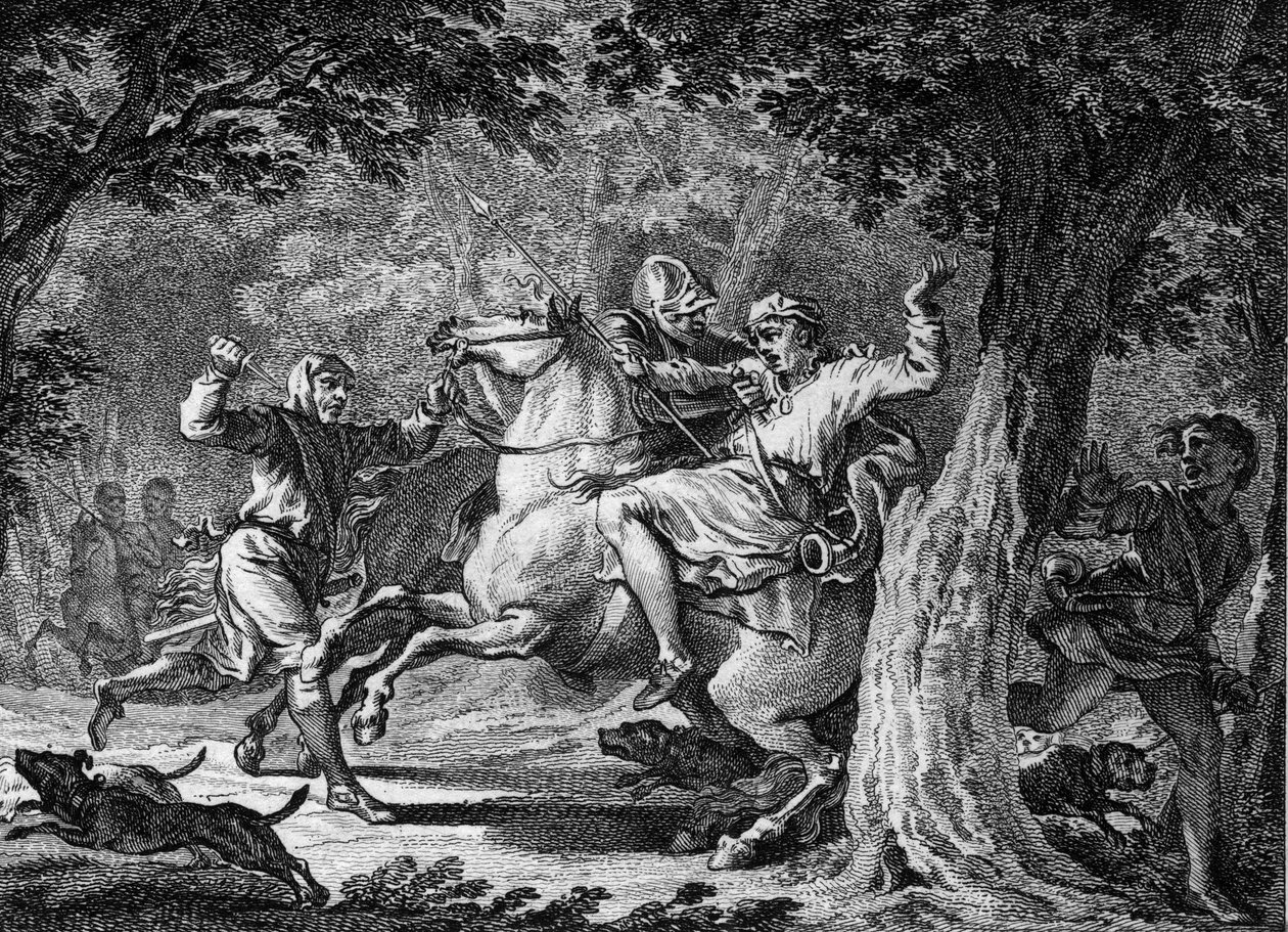 チルデリック2世の暗殺、675年：フランク王国の王（653-675年頃）は、ログネスの森で、自分が鞭を打った領主ボディロンに殺された。18世紀のエングレーヴィング。 作： 無名の画家