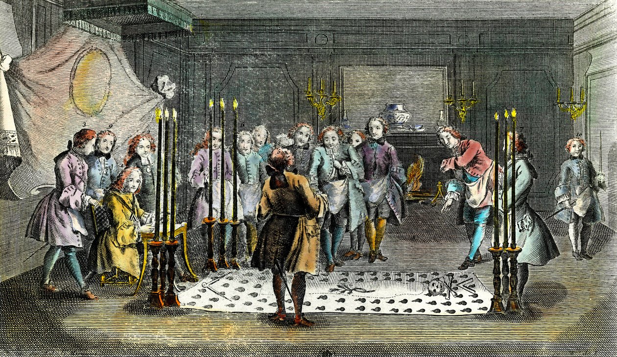 巨匠を迎えるためのフラン・マコンの集会 1750年頃のエングレーヴィング 個人蔵 作： 無名の画家