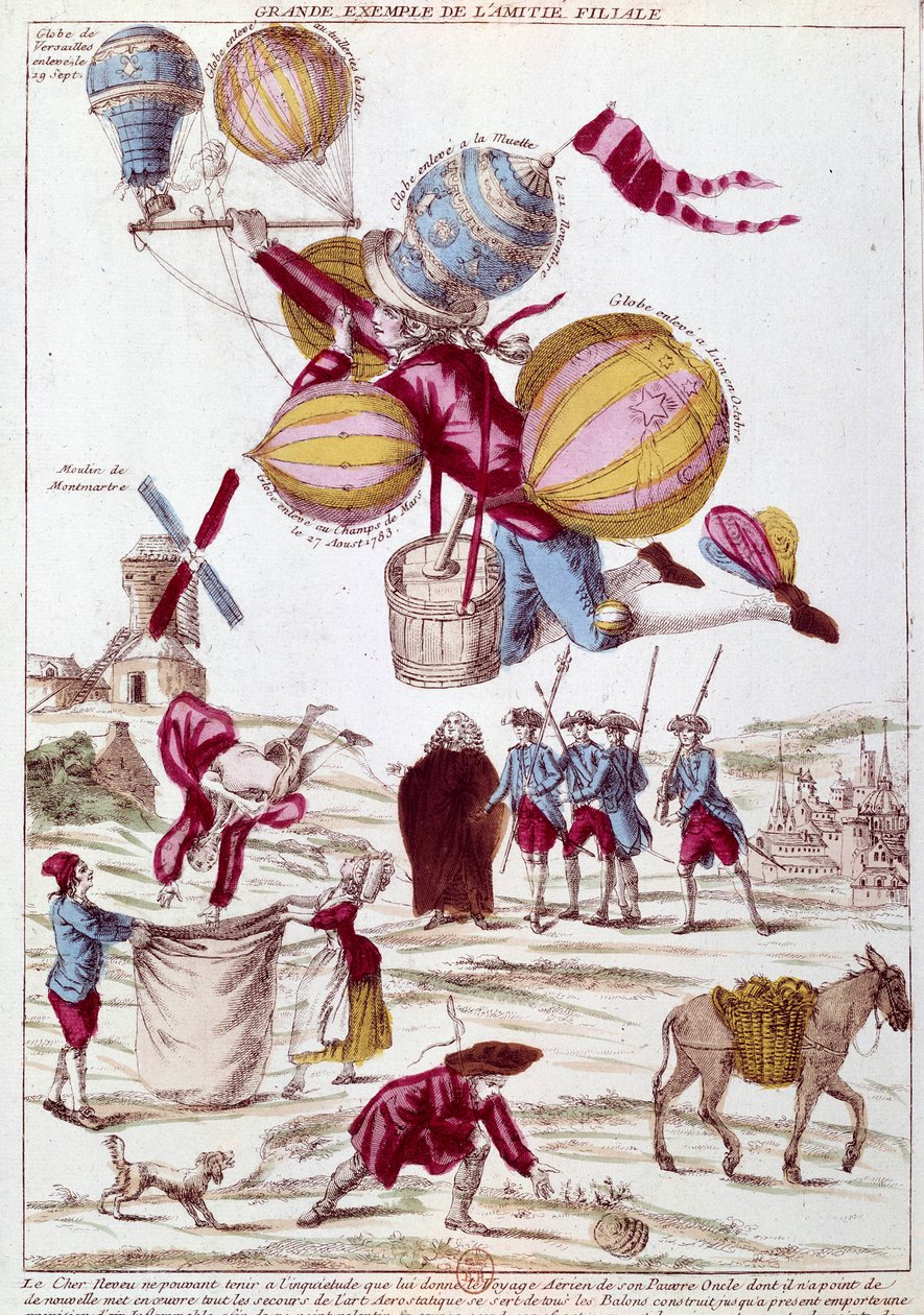 気球飛行：気球の旅をしている叔父からの知らせが届かないことを心配した甥が、叔父に届くようにあらゆる努力をし、作られたすべての気球（リヨン、シャンゼリゼ、ラ・ミュエット、ヴェルサイユ）を飛び立たせ、パリの上空を飛行する。気球に施された風刺的な彫刻 作： 無名の画家