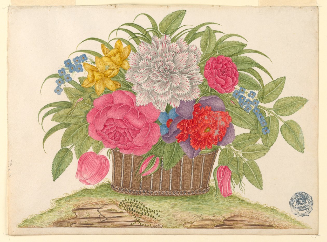 地上の花と葉のバスケット 作： 無名の画家