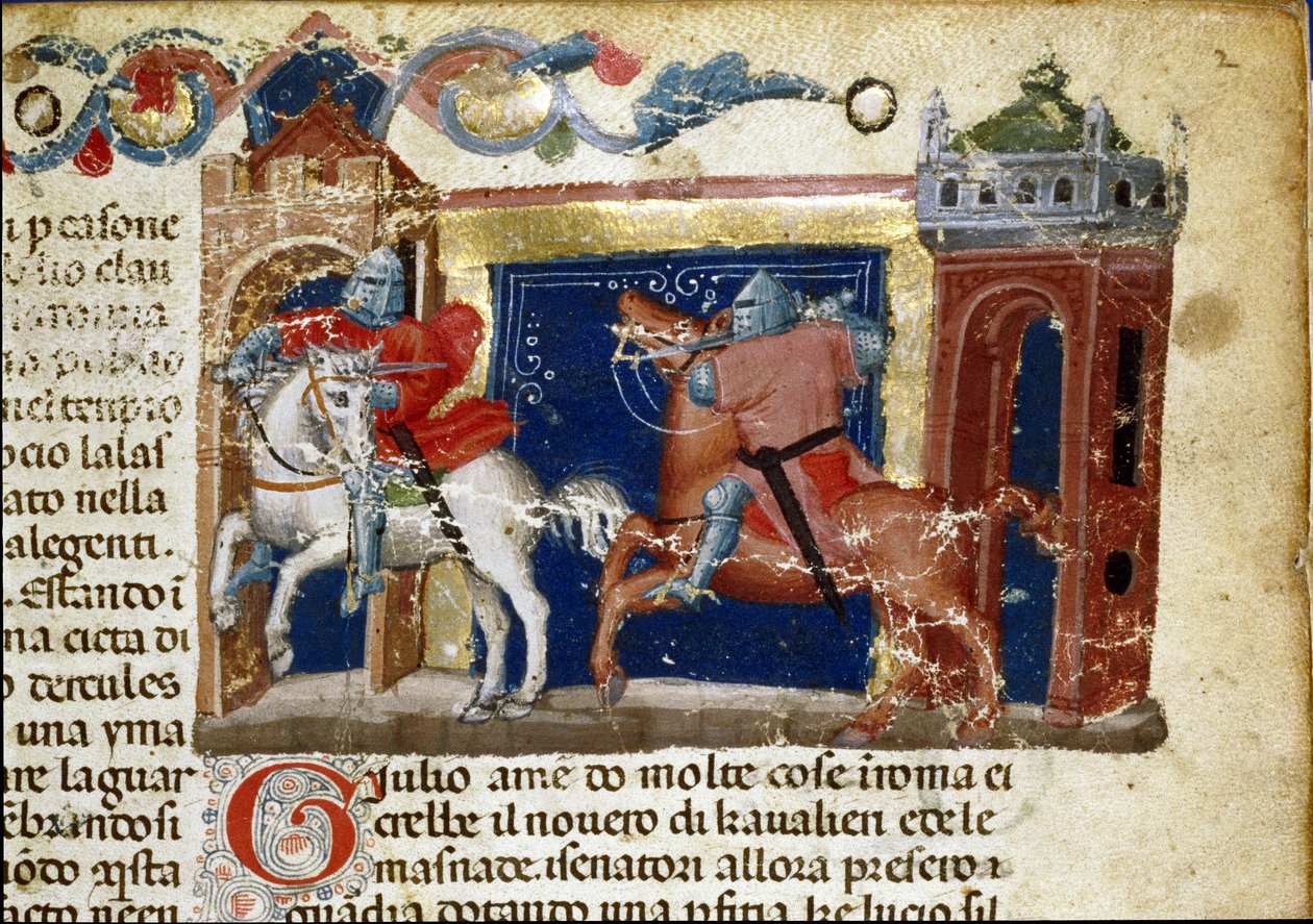 戦闘シーン、対峙する二人の鎧の騎士 写本ページ「ローマ人の事実」（Ms.1538）の詳細 1340年頃 フィレンツェ、Biblioteca Riccardiana 作： 無名の画家