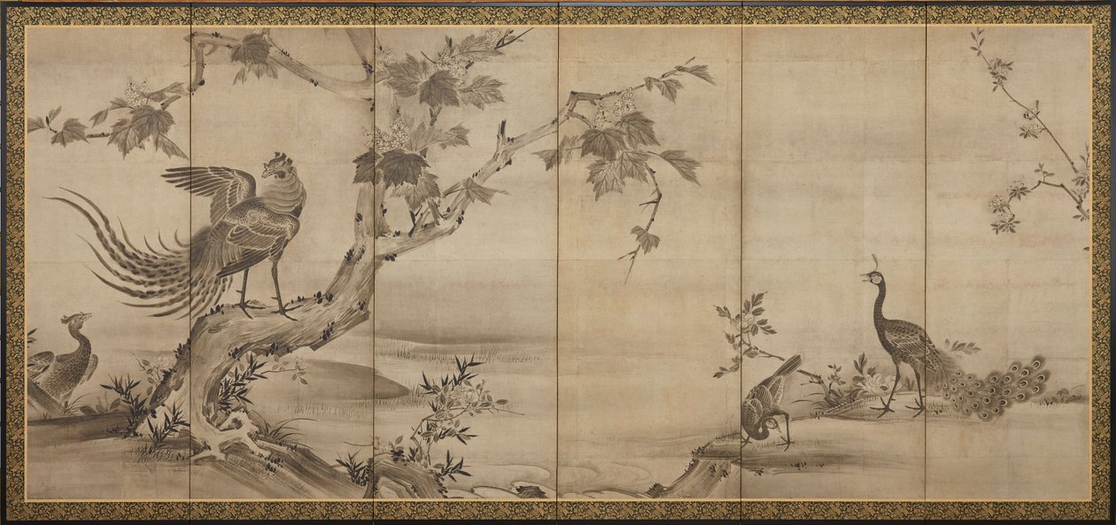 鳥・花・木 裏は笹 作： 無名の画家