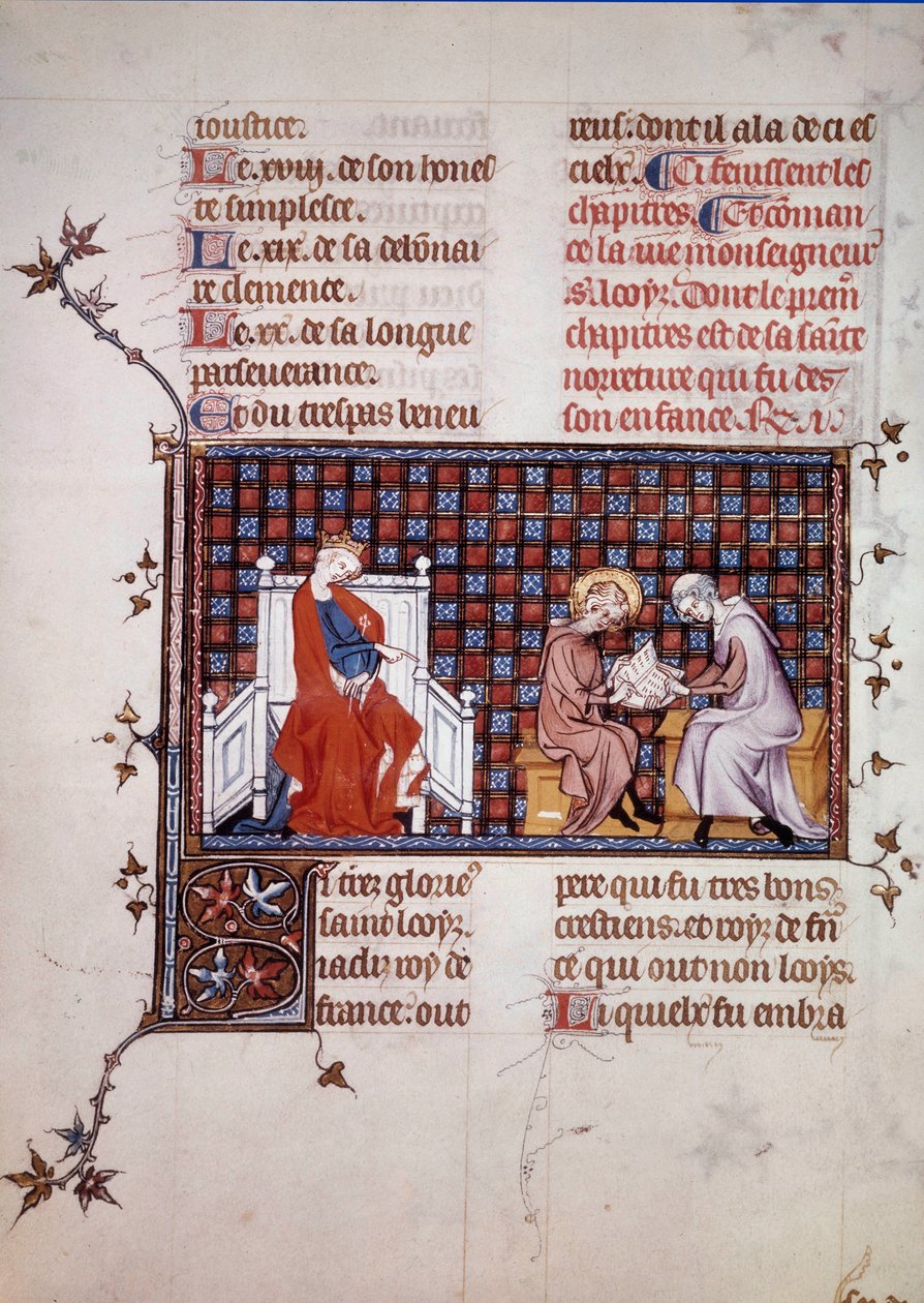 息子ルイ9世（1214-1270）の教育を指導するフランス王妃ブランシュ・ド・カスティーユ（1188-1252）（サン・パススのウィリアムによる写本「サン・ルイの生涯と奇跡」からのサン・ルイのミニチュア。1320.パリ、B.N. 作： 無名の画家