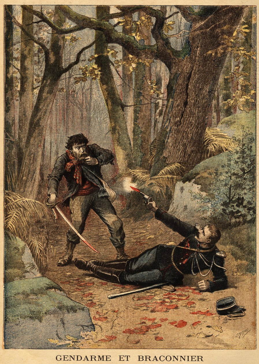ベジエ近辺での密猟者と警官の血みどろの争い。1895年3月10日付「Le petit journal」に掲載された版画。セルバのコレクション。 作： 無名の画家