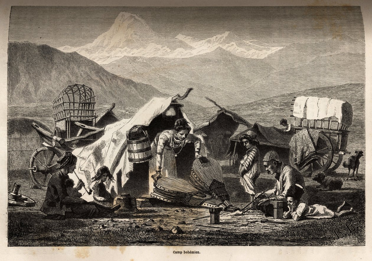 ボヘミアン・キャンプEdouard Charton編集の "Le tour du monde, nouveau journal des voyages "に掲載された1864-1865年のBasile Vereschaguineによるコーカサス地方での航海を説明するためのエングレーヴィング。 作： 無名の画家