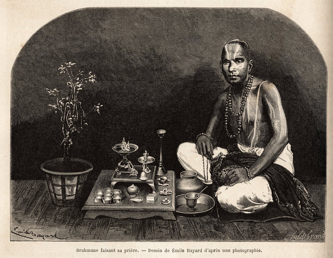 Brahmane kniet vor dem Opferaltar und betet. Gravur zur Illustration der Reise in die südlichen Provinzen Indiens, von Alfred Grandidier, 1862-1864, veröffentlicht in „Le Tour du Monde“, herausgegeben von Edouard Charton, Hachette, Paris 1869 von Unknown artist