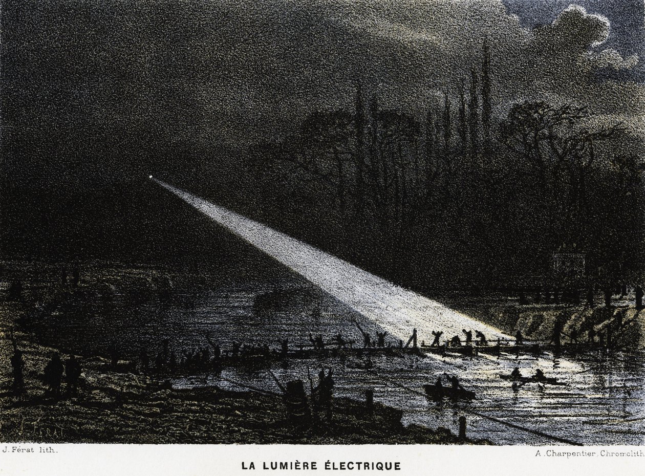 アーク灯を使って夜間にセーヌ川に防壁を築く。普仏戦争 作： 無名の画家