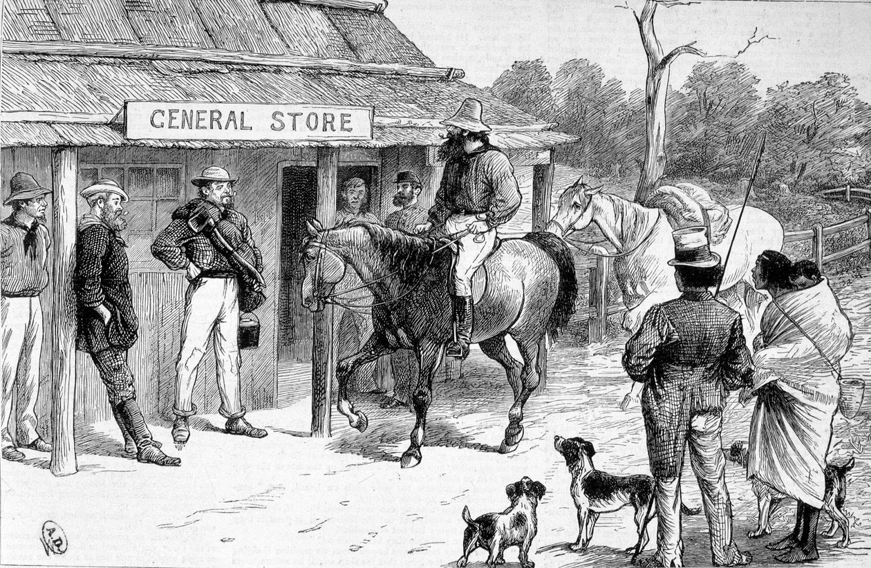 オーストラリアのブッシュショップ（1880年頃）。 作： 無名の画家