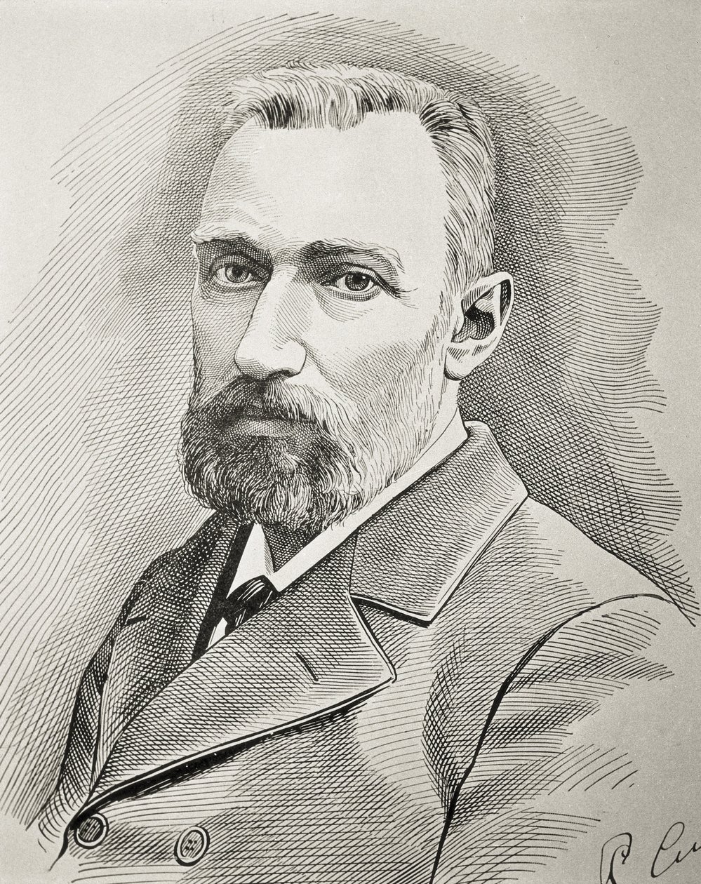 キュリー，ピエール（1859-1906）。フランスの物理学者。1898年の肖像画。エングレーヴィング。 作： 無名の画家
