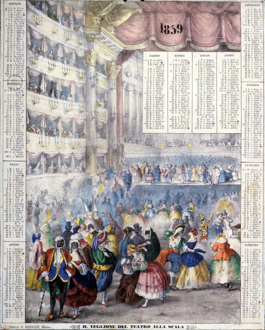 1859年にスカラ座で行われたカーニバルの夜を表すカレンダー。 作： 無名の画家