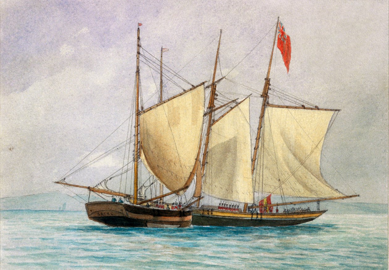 1843年10月26日、悪名高い海賊船ハンナ・マーキュリー号を拿捕するHM 80th FootのH.ウォルマン船長 作： 無名の画家
