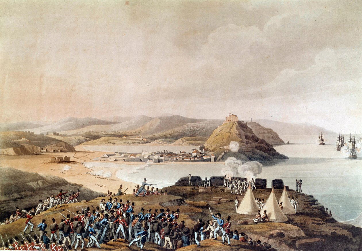 1813年9月、スペインのサン・セバスチャンの街と城塞の攻略 当時のリトグラフ パリ、軍隊博物館 作： 無名の画家