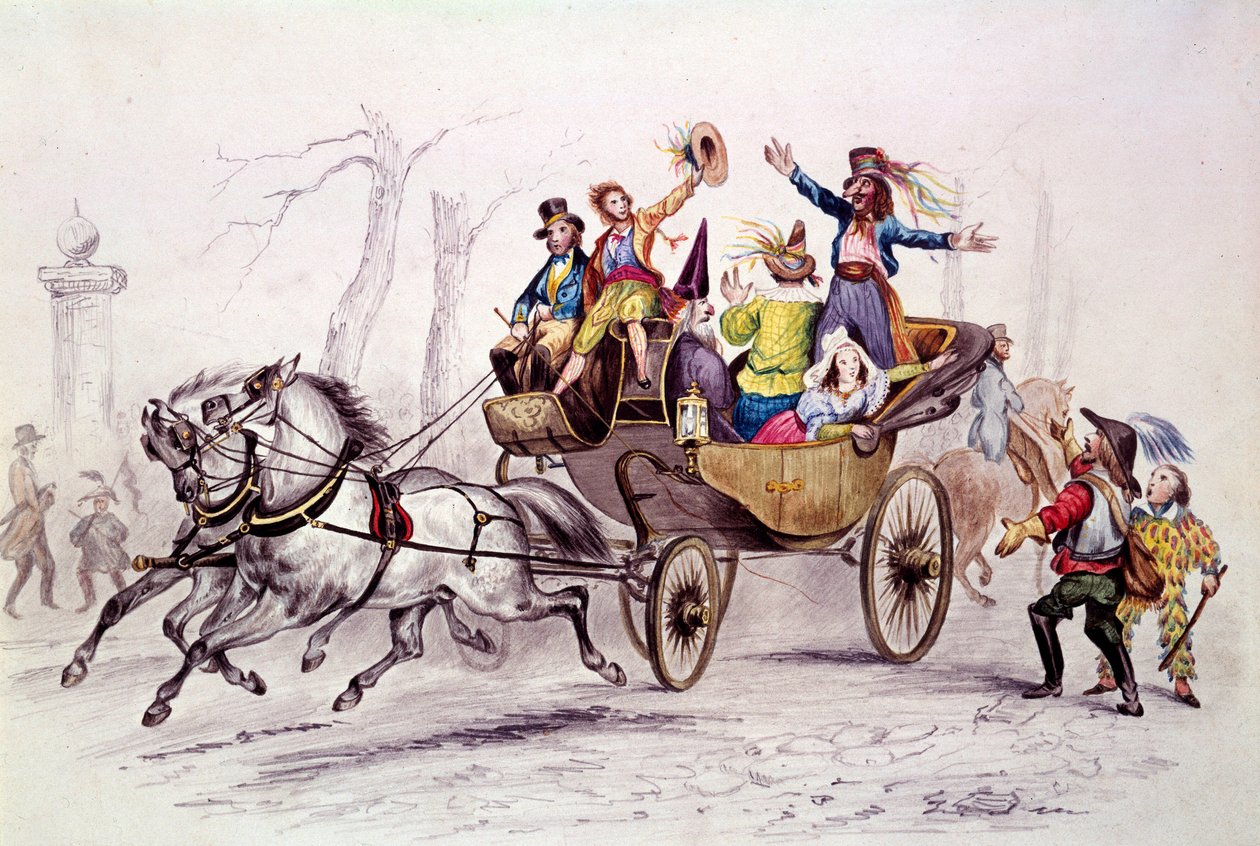 カーニバル。馬車の上で変装するフェタール人。1846年の版画。パリ、カーニバル博物館 作： 無名の画家