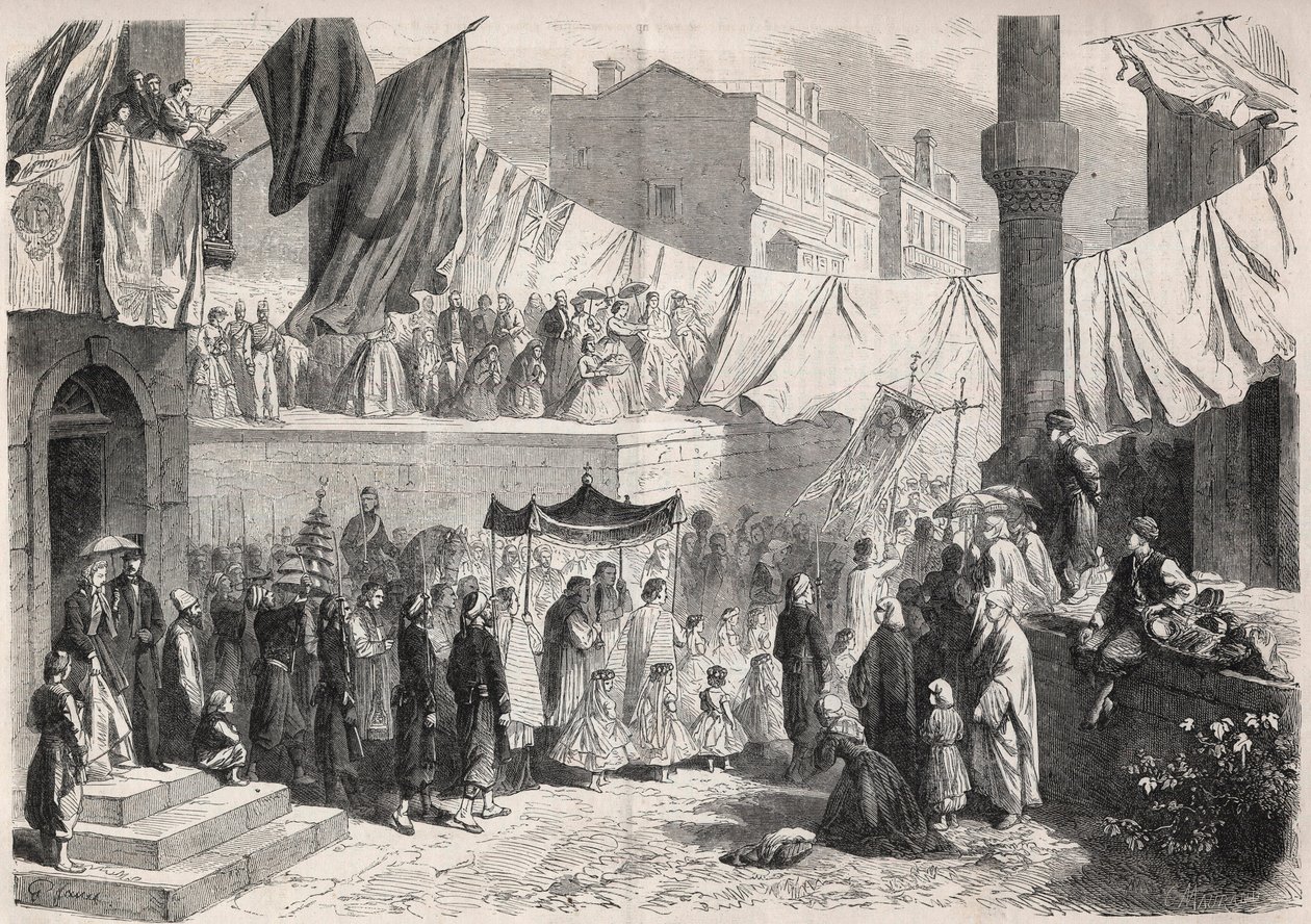 コンスタンティノープルの街中で行われた「死の祭り」の際のカトリックの行列 - Engraving In "The Illustrous World" 作： 無名の画家