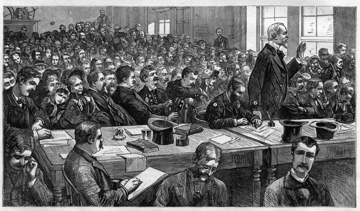 チャールズ・ジュリアス・ギトー（1841-1882）：1881年にアメリカ大統領ジェームズ・エイブラム・ガーフィールド（1831-1881）を殺害した犯人で、裁判中の様子（アメリカ 作： 無名の画家