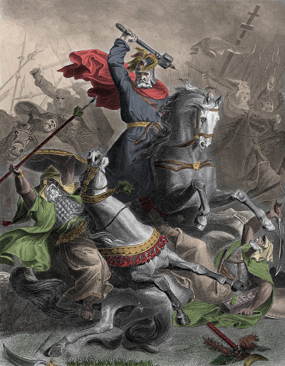 Karl Martell (690-741) führt die Franken in die Schlacht gegen die arabische Invasion in Tours (Frankreich), 732 (Schlacht von Poitiers) - Kolorierte Gravur 19. Jahrhundert von Unknown artist