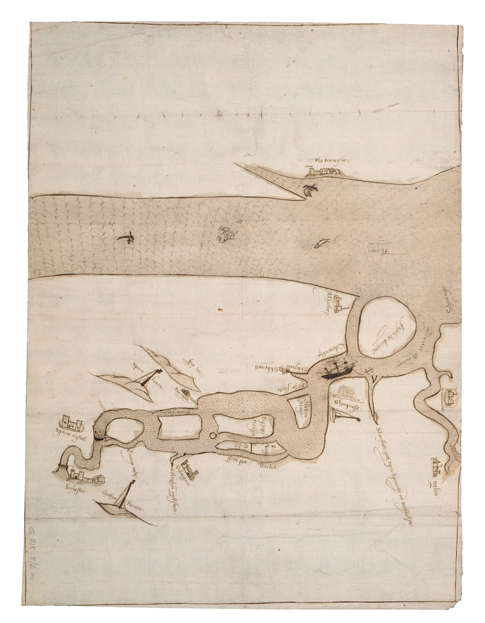 メドウェイ川とテムズ川の一部の海図：No.24 シアネス 1590年頃（水墨画） 作： 無名の画家