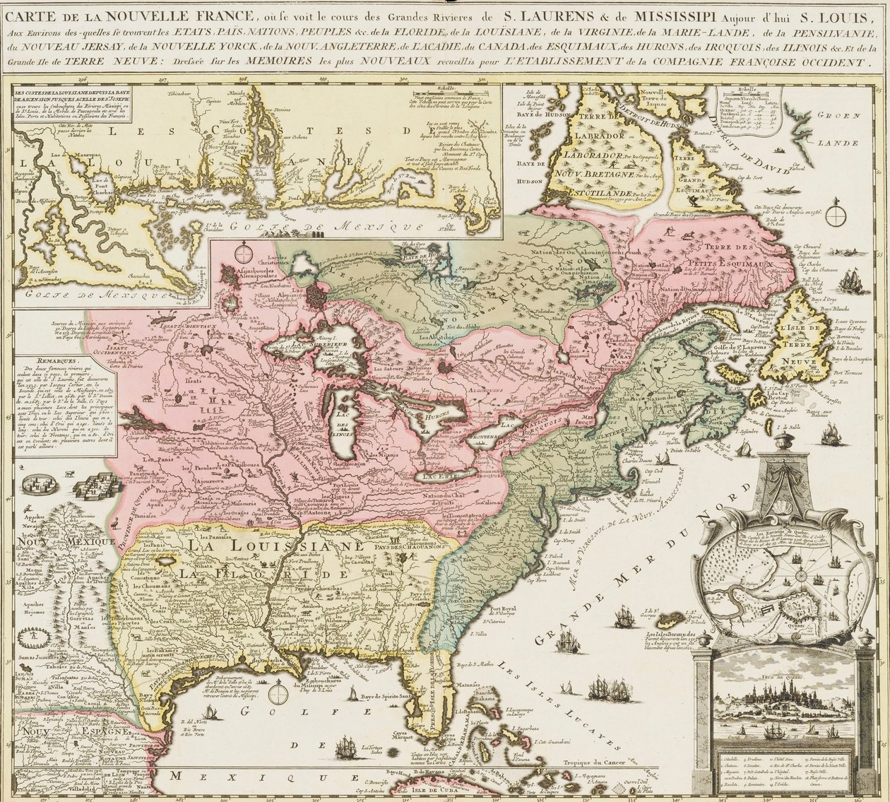 ミシシッピ川とセントルイスを示すアメリカ南部の海図、1720年頃（版画） 作： 無名の画家