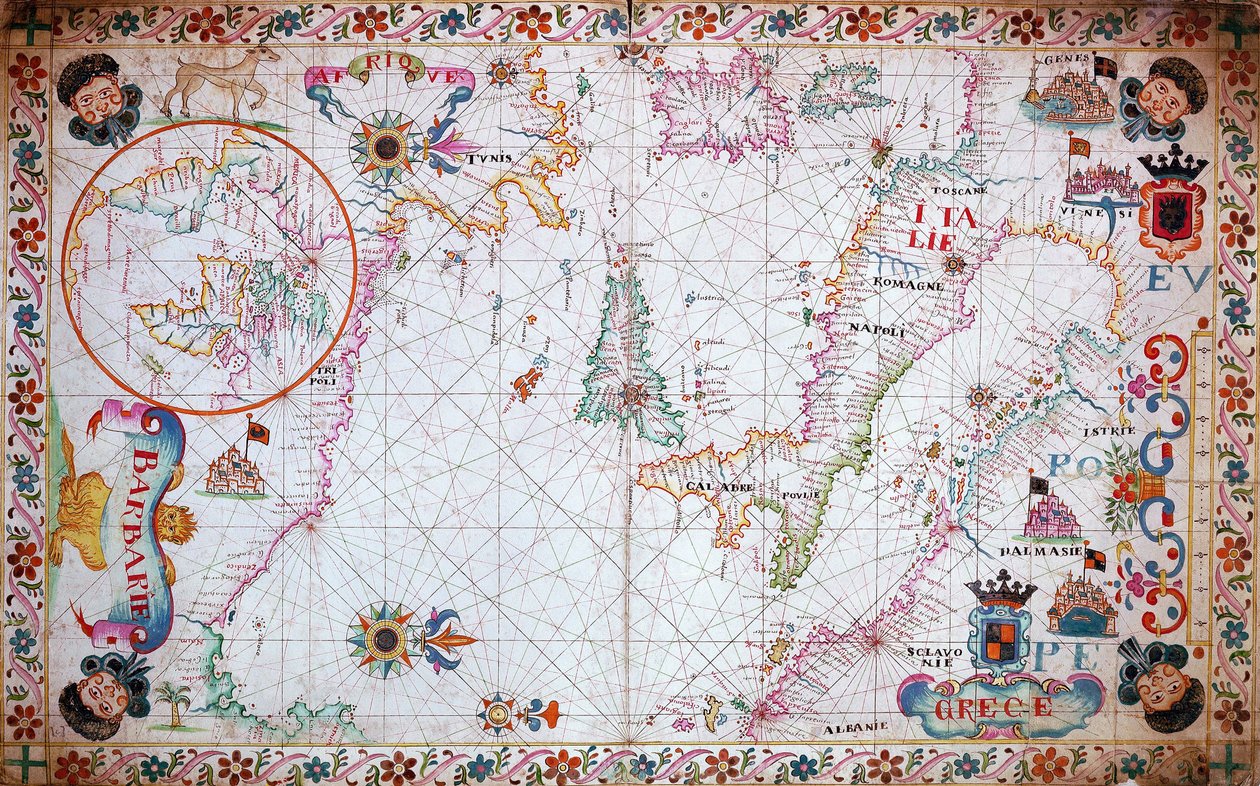 イタリアと北アフリカ沿岸を示す地中海の海図 作： 無名の画家