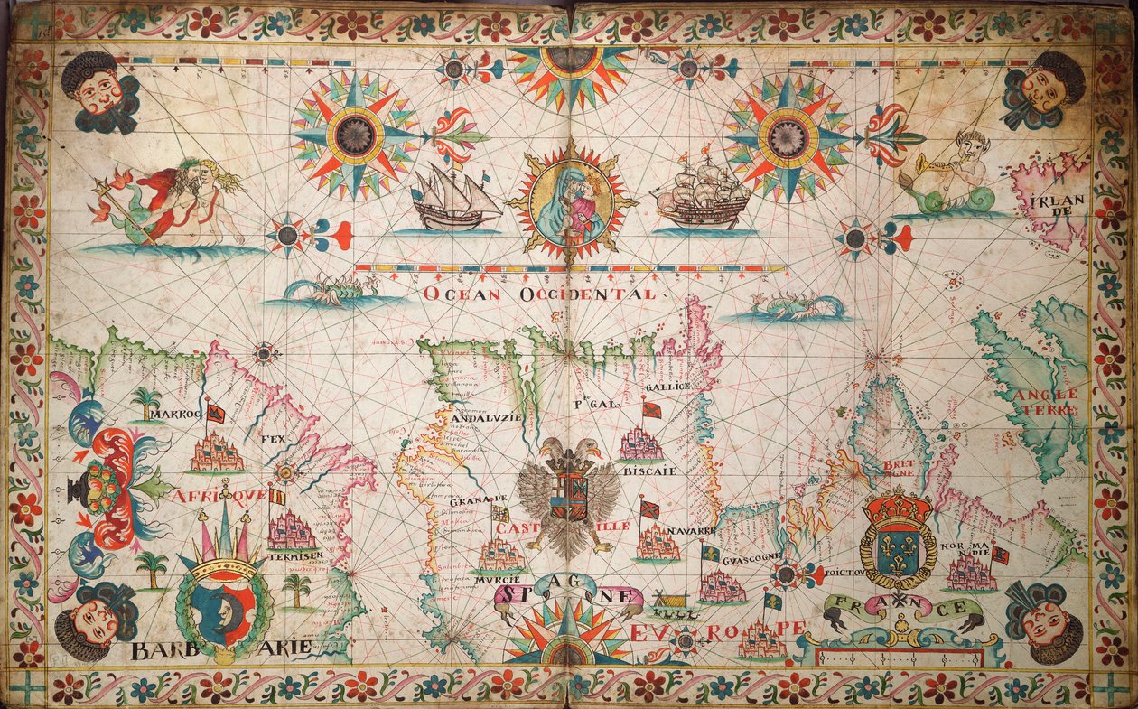 アイルランドからカーボベルデに至る大西洋北東部の海図、1600年頃（写本） 作： 無名の画家
