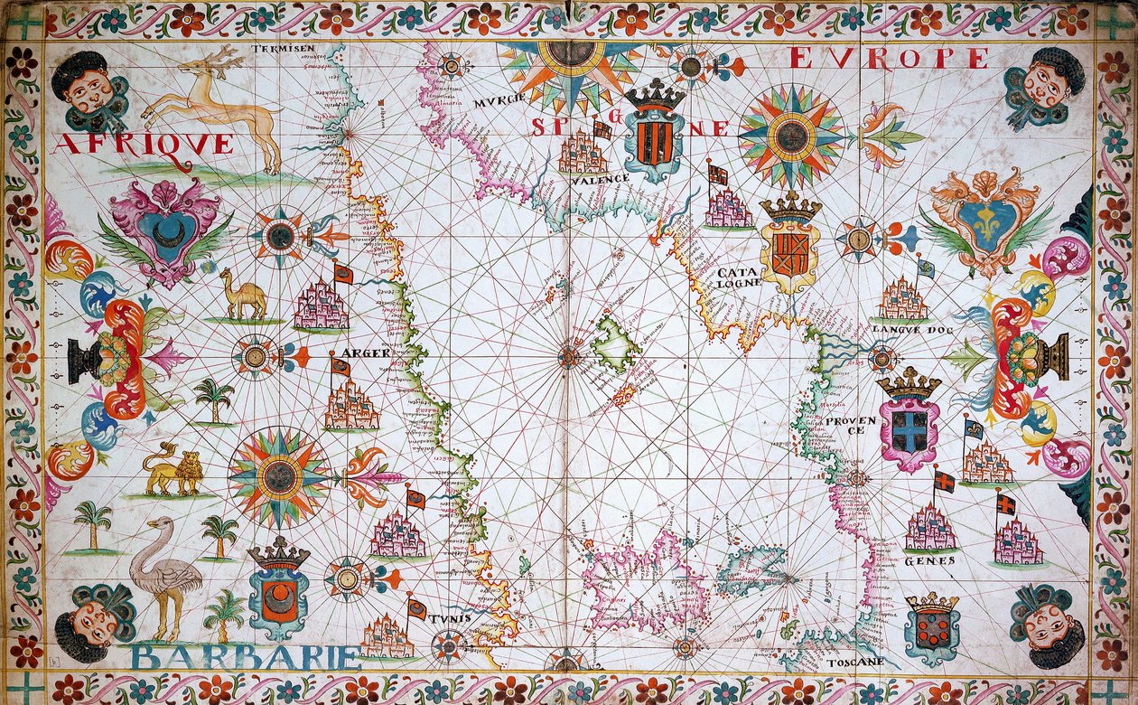 北アフリカとスペインの海岸を示す地中海西部の海図 作： 無名の画家