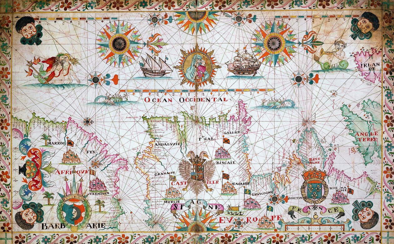 北アフリカとスペイン海岸、大西洋を示す地中海西部の海図 作： 無名の画家