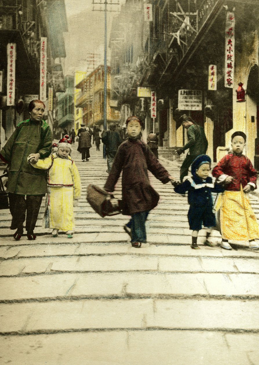 1890年、香港のポッティンジャー・ストリートの子供たち。中国 作： 無名の画家