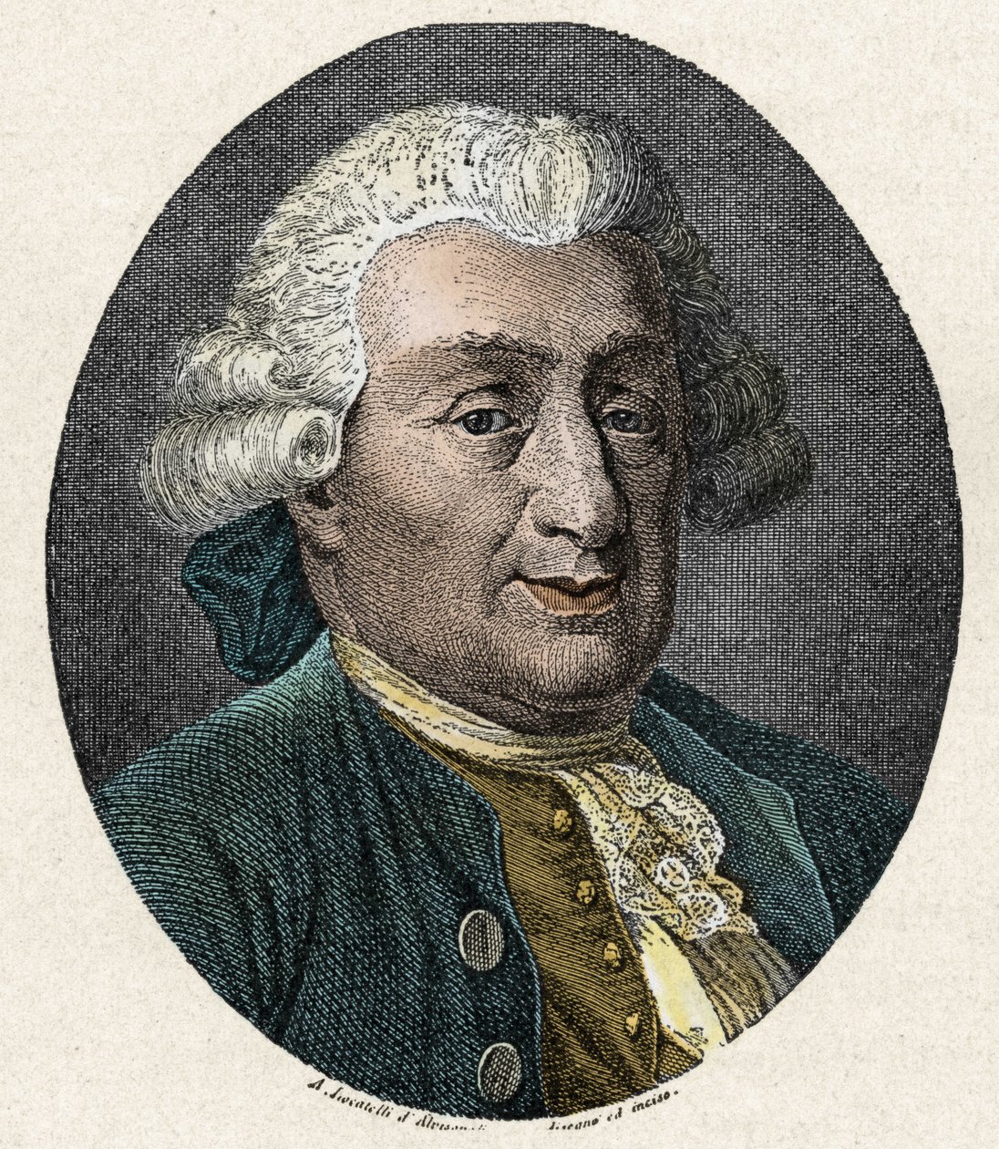 コメディア・デラルテ：イタリアの演劇人カルロ・ゴルドーニ（1707-1793）の肖像。19世紀のカラーエングレーヴィング 作： 無名の画家