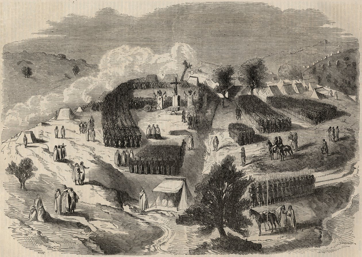 Conquete de Algerie: 1857年の大カビリア遠征、Souk-el-Arba（スーク・エル・アルバ）にナポレオン砦の最初の石を据える。1857年の "Le Monde illustrious "に掲載されたエングレーヴィング。個人蔵。 作： 無名の画家