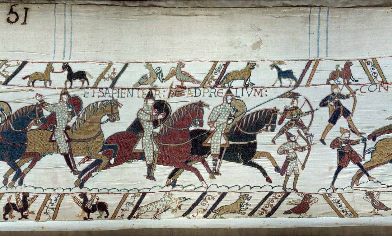 1066年、ノルマンディー公ウィリアム征服王によるイングランドの征服：ヘイスティングスの戦いの始まり バイユータペストリーの詳細またはマチルド王妃の刺繍 作： 無名の画家