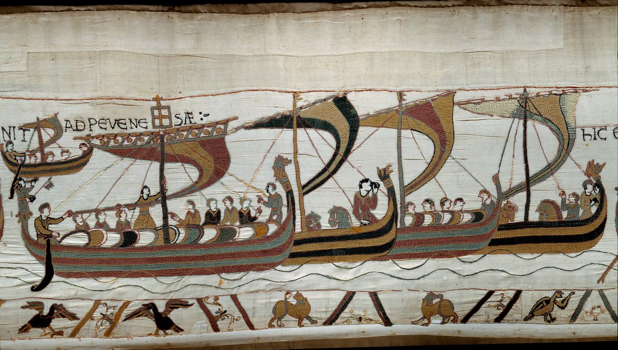ノルマン人の征服王ウィリアム（1027-1087）が1066年にイングランドを征服：ノルマン艦隊がペベンシーのイングランド沿岸に接近 バイユー・タペストリーまたはマチルド王妃の刺繍の細部 作： 無名の画家