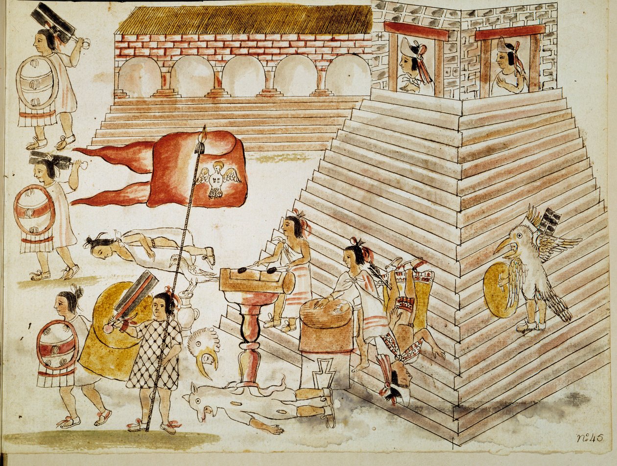 Conquete of Mexico：1520年6月24日、征服者エルナン・コルテス（Hernando Cortez）（1485-1547）の武器によるアステカ帝国の首都テノチティトランの破壊」手稿からの縮小図 作： 無名の画家