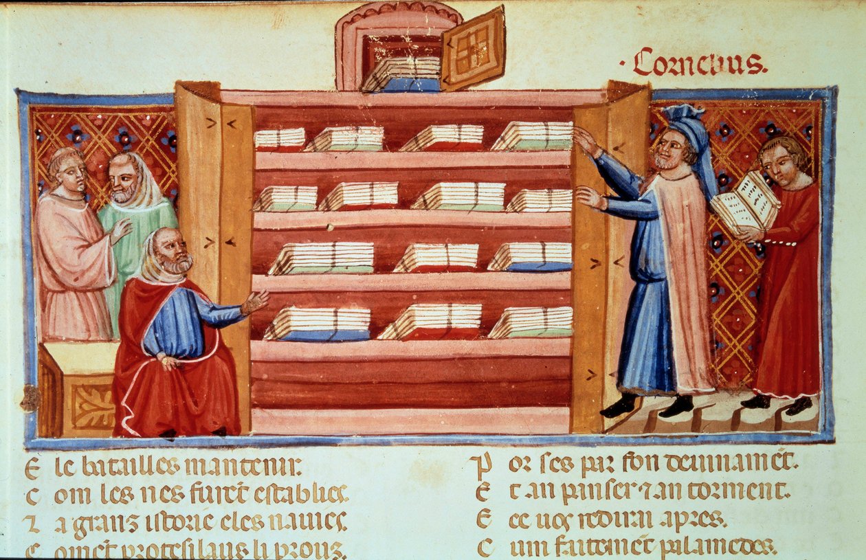 ローマの伝記作家コルネリウス・ネポス（Cornelius Nepos）（紀元前100-25年）は、衣装棚でフリジア人ダレスのトロイの歴史を発見する。Benoit de Sainte-Maure（12世紀）の『トロイのロマン』（フォリオ2v）のミニチュア。 作： 無名の画家