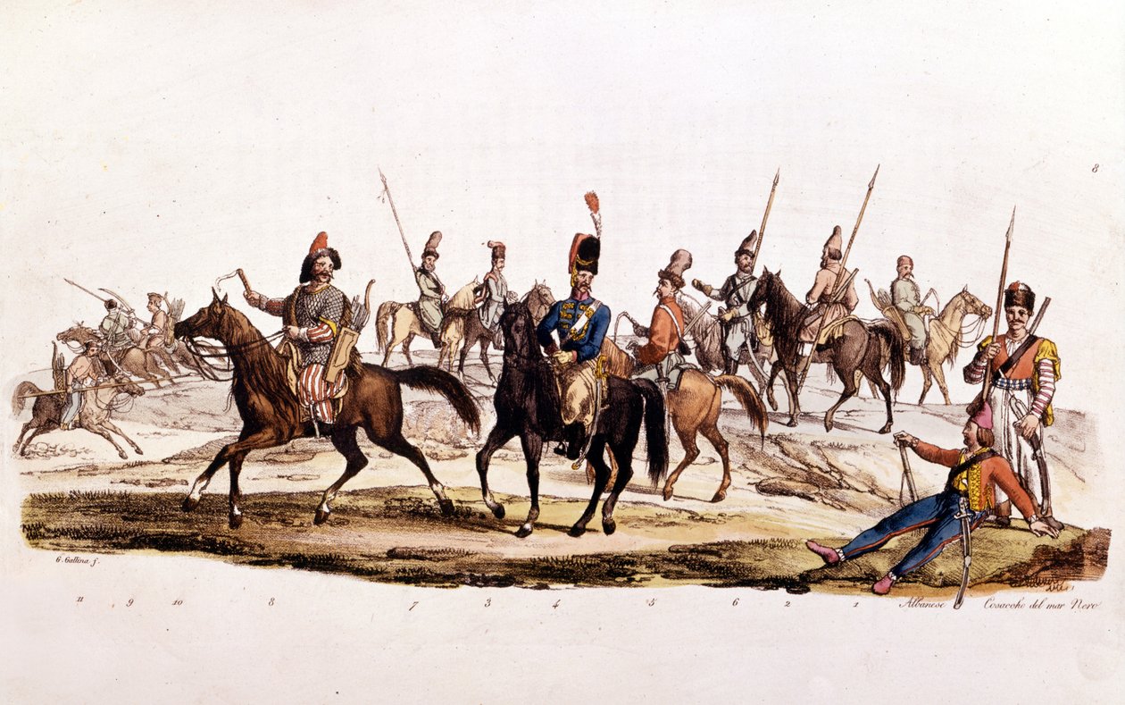 コサック1st 2nd Cossacks 3rd Cossack of Don 4¡ Official Cossacks of Don 5¡ Cossack Chernomowskij 6¡ Cossack of Ural 7¡ Regular Cossack 8¡ Bashkir 9¡ and 10¡ Kalmouk 作： 無名の画家