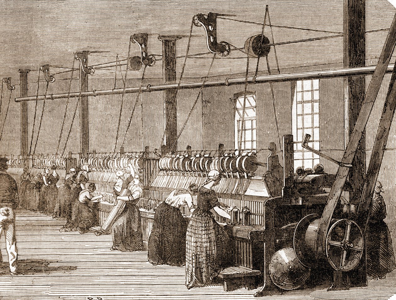 綿を織る作業場。1860年の刻印。 作： 無名の画家