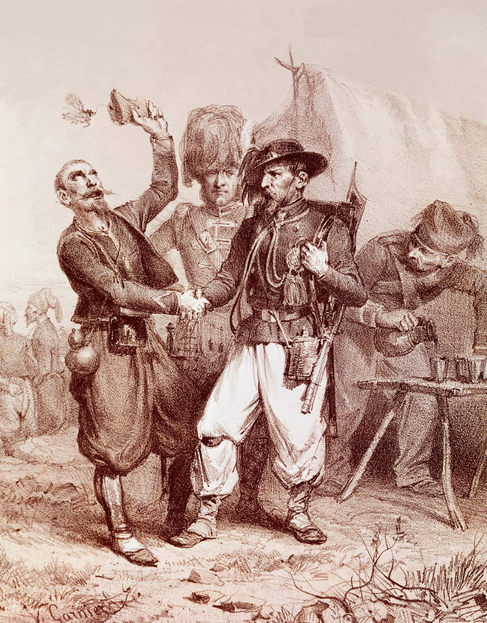 クリミア戦争（1853-1856）：フランス、サルデーニャ王国、イギリスの対ロシア同盟の寓話。1854 作： 無名の画家