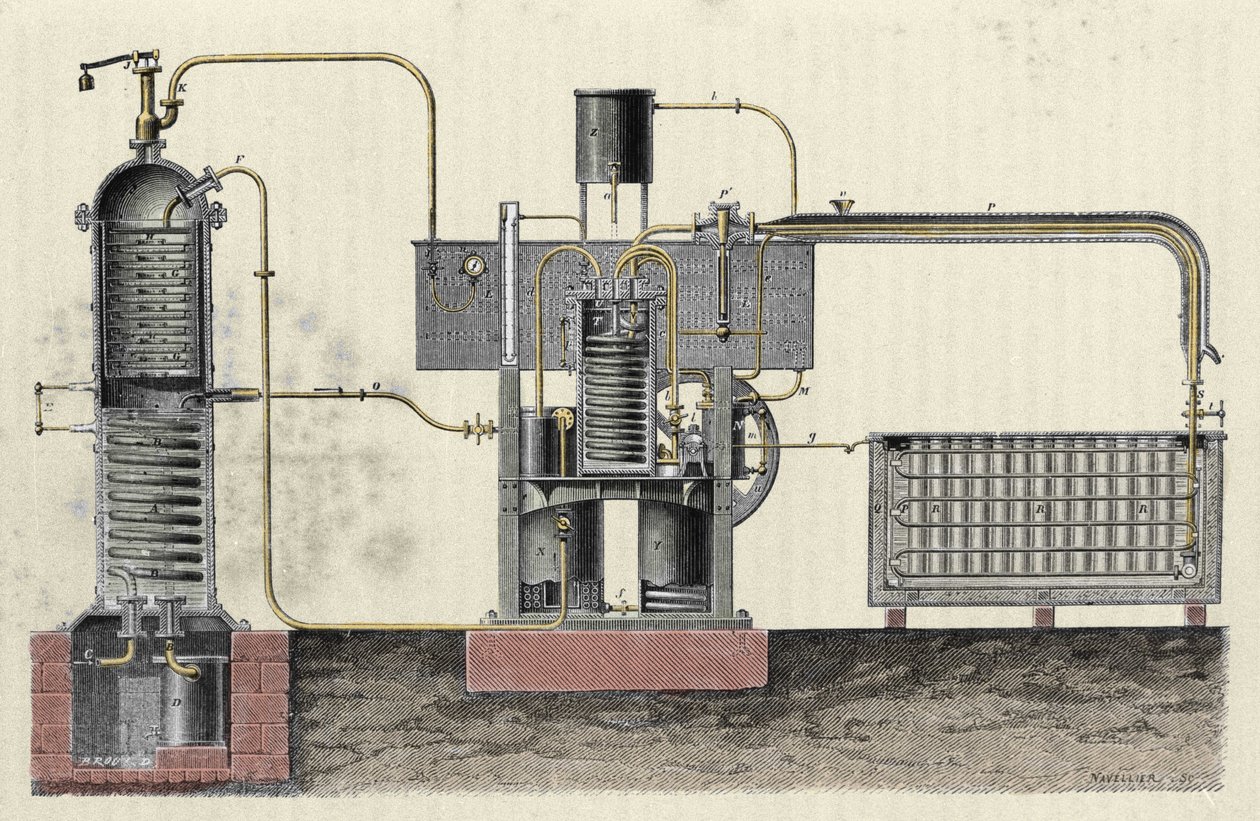 フェルディナンド・カレ（1824-1894）の工業用器具を切断して氷を作る。19世紀のエングレーヴィング 作： 無名の画家