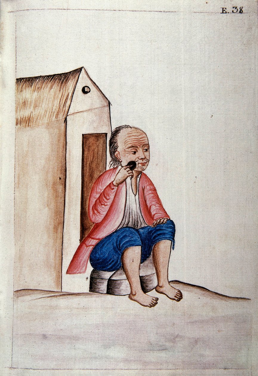 ペルーの日常生活と習慣: "" Indian shaving his beard on his doorstep "" Trujillo del Peru "" Trujillo司教Baltasar Martinez Companon y Bajanda (1782-1785)の本から抜粋した水彩画。18世紀 Madrid.パラシオ・リアル図書館 作： 無名の画家