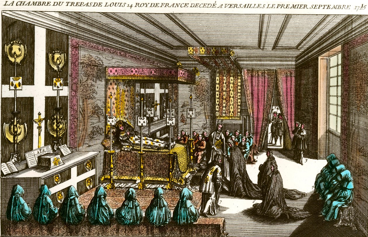 ルイ14世の死：ソレイユ王として知られるルイ14世（1638-1715）の霊安室は、1715年1月9日にヴェルサイユに退去した。18世紀のエングレーヴィング 個人蔵 作： 無名の画家