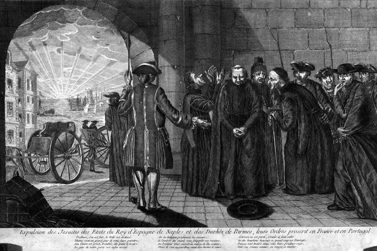 1773年7月21日、イエズス会士の国外追放。スペイン王、ナポリ、パルマ公国からイエズス会を追放し、フランスとポルトガルではイエズス会の活動を禁止する。19世紀初頭に描かれた版画 作： 無名の画家