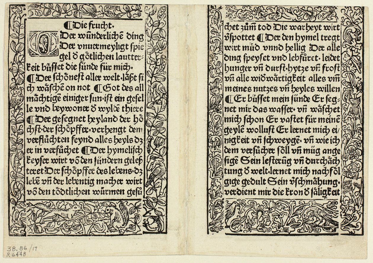 15世紀の書物の木版画から、「キリストの生活と幸福のための聖書」（Andächtig Zeitglöcklein des Leben und Leidens Christi）より、飾り罫のある献身的な一節。 作： 無名の画家