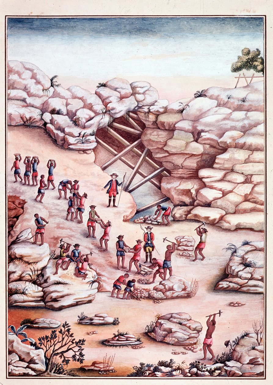 インディアン 鉱石絵画 ブラジルの鉱山でダイヤモンドを採掘する様子。18世紀の