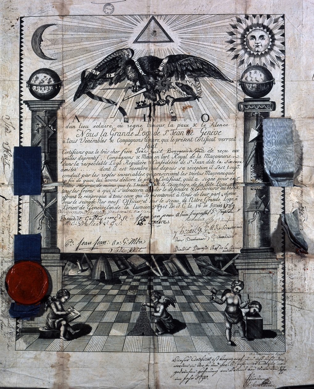 1789年にジュネーブのサン・ジャン・グランドロッジから授与された、アイザック・ユイのロイヤル・メイソンリー芸術におけるコンパニオンおよびマスターとしてのディプロマ。 作： 無名の画家