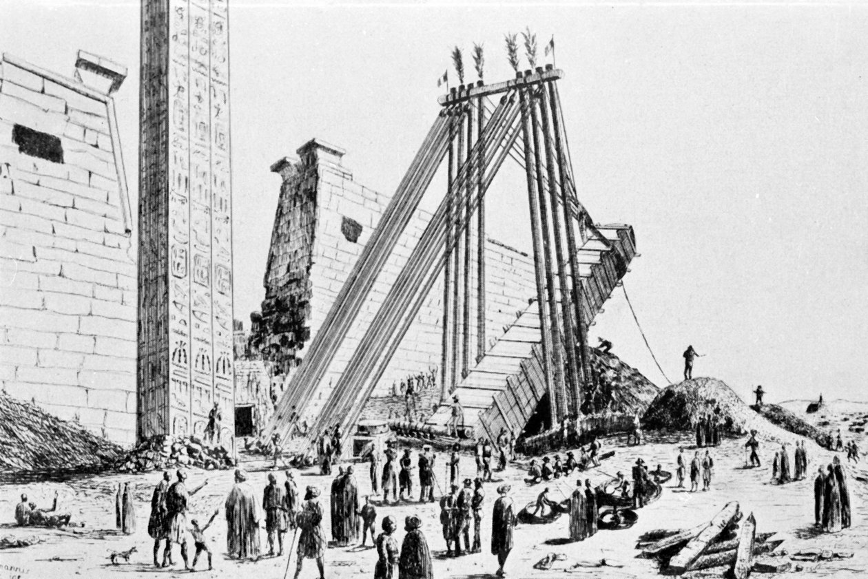 1829年、ルクソールのオベリスクの変位。 作： 無名の画家