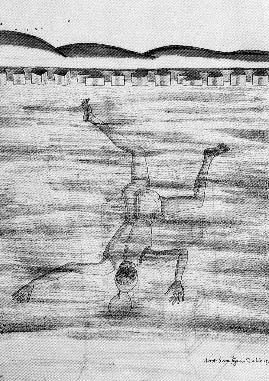 15世紀に描かれた絵で、男性が何かのマスクをつけて水の中に入る様子が描かれています。 作： 無名の画家