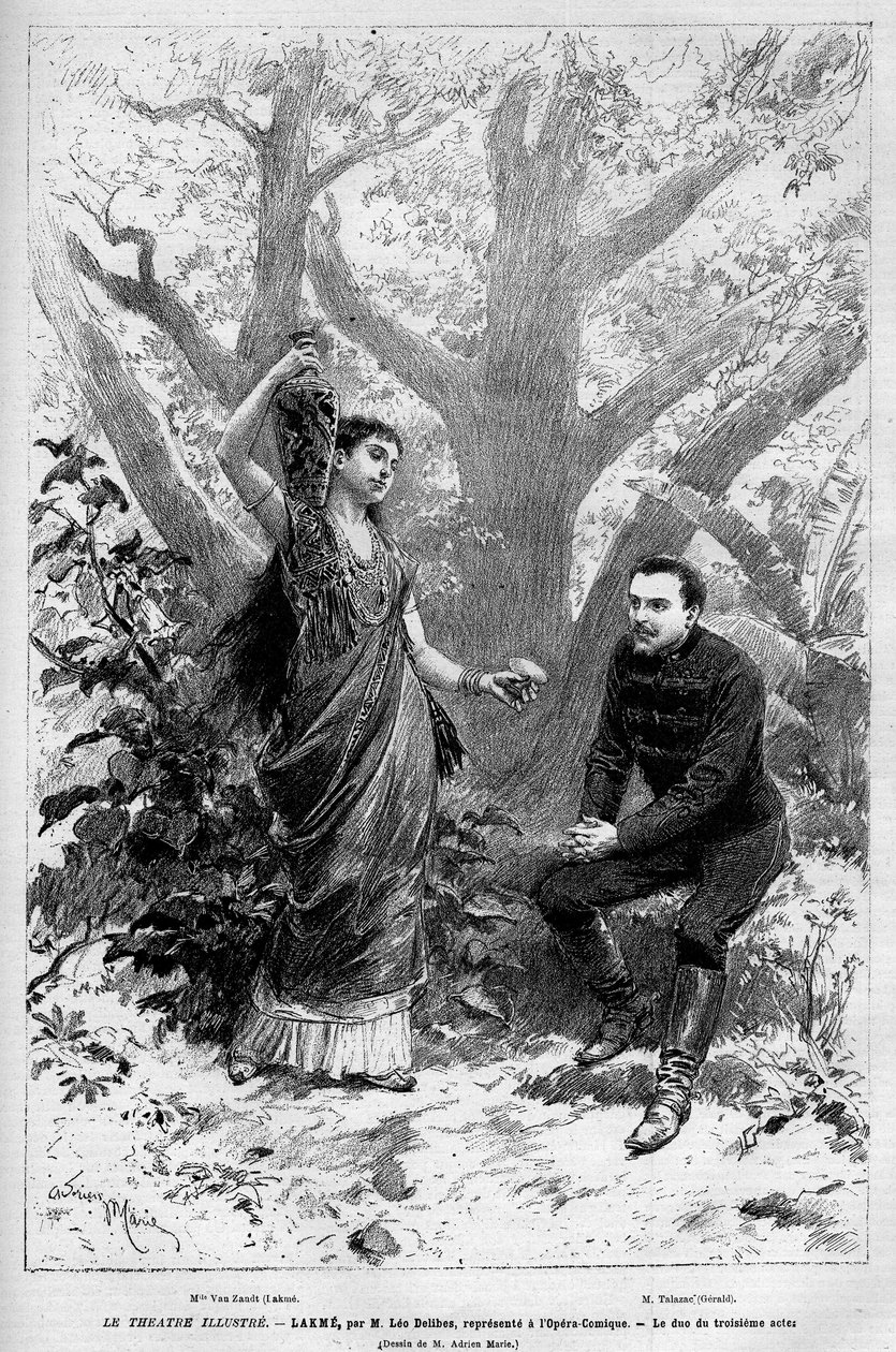 1883年4月14日にパリのオペラ・コミック座で初演されたレオ・ドリーブ、エドモン・ゴンディネ、フィリップ・ジルのオペラ「ラクメ」の第3幕の歌手マリー・ヴァン・ザントとのデュオ。1883年の「Le Monde illustrious」誌に掲載されたエングレーヴィング。個人蔵 作： 無名の画家