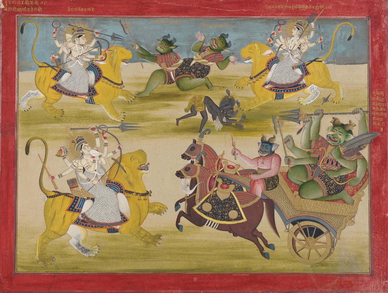 Devi Mahatmya から、Rakshasas Shunga と Nishunga と戦うドゥルガー 作： 無名の画家