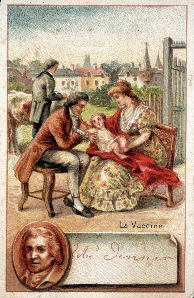 イギリスの医師エドワード・ジェンナー（1749-1823）は、1796年に天然痘ウイルスを子供に接種した。 作： 無名の画家